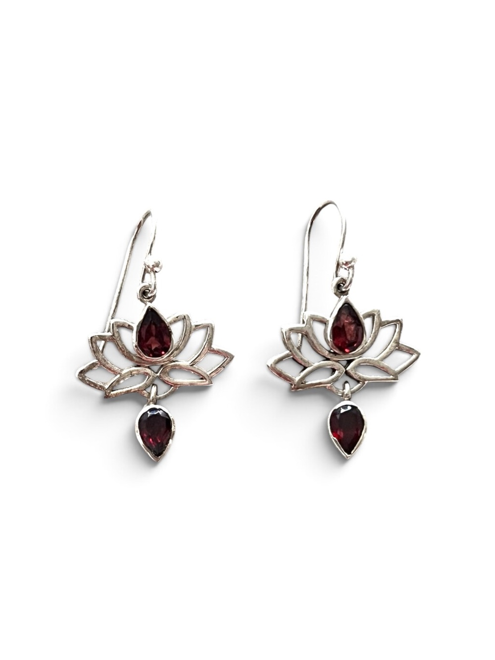 Sterling Silver Double Garnet Lotus Drop Earrings